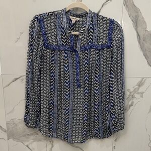 Lucky Brand Women's Blue and Black Geometric Beaded Third Eye Blouse